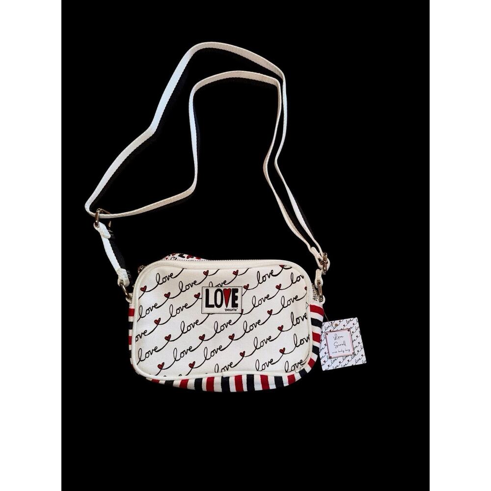 NWT Brighton Love Scroll Canvas Crossbody Bag Purse Hearts White Red Black